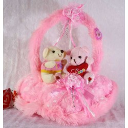 Pink Handle Heart with Love Couple Teddy Bears